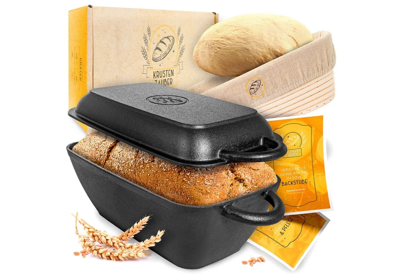 Krustenzauber Brotbackform Gusseisen Topf inkl. Rattan-Gärkorb - Bild 2