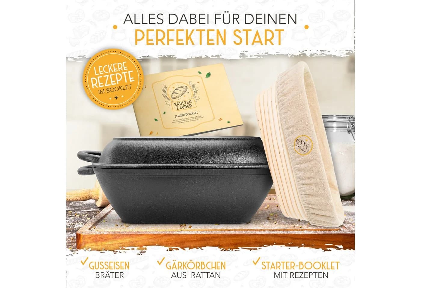 Krustenzauber Brotbackform Gusseisen Topf inkl. Rattan-Gärkorb - Bild 3