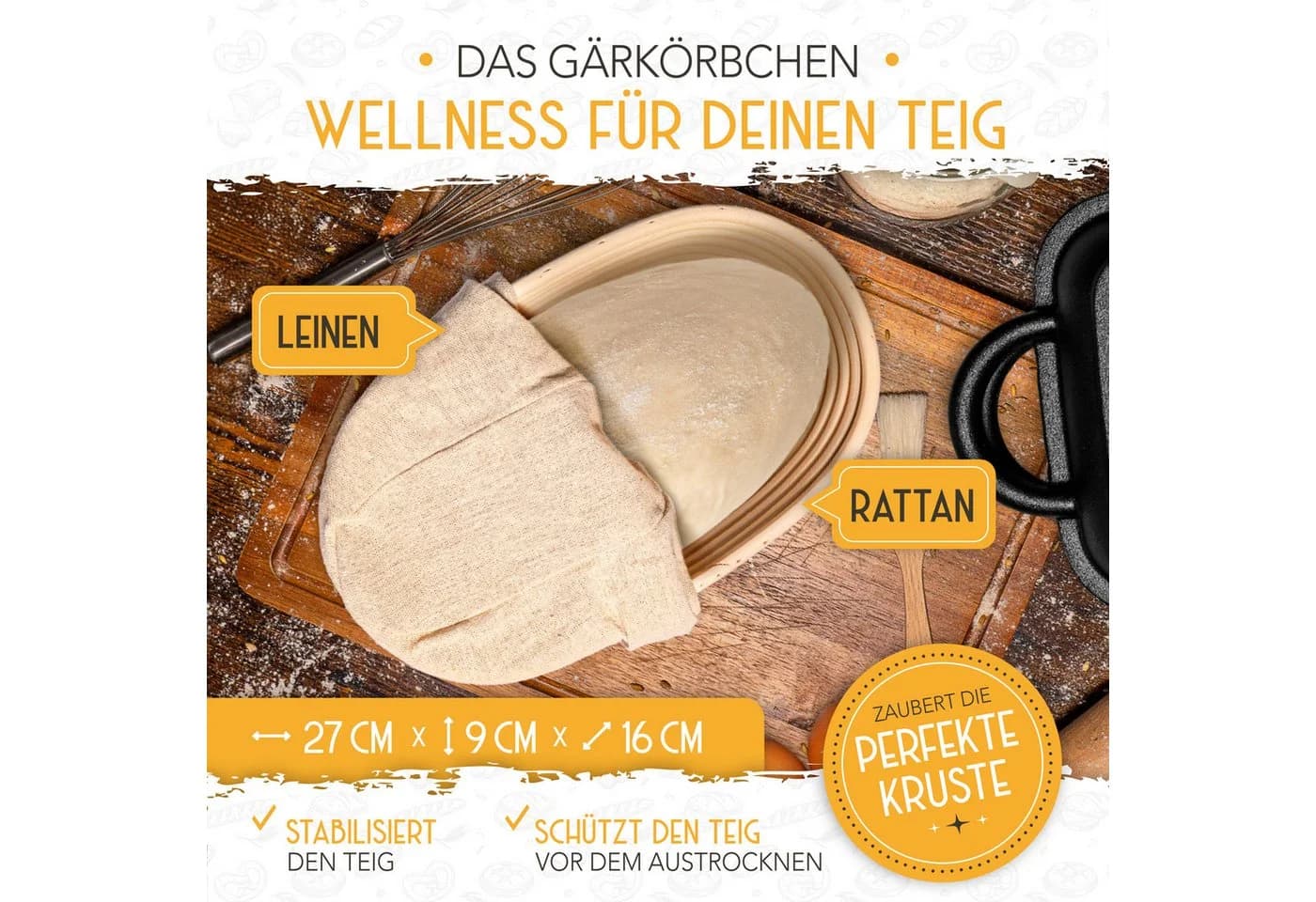 Krustenzauber Brotbackform Gusseisen Topf inkl. Rattan-Gärkorb - Bild 4