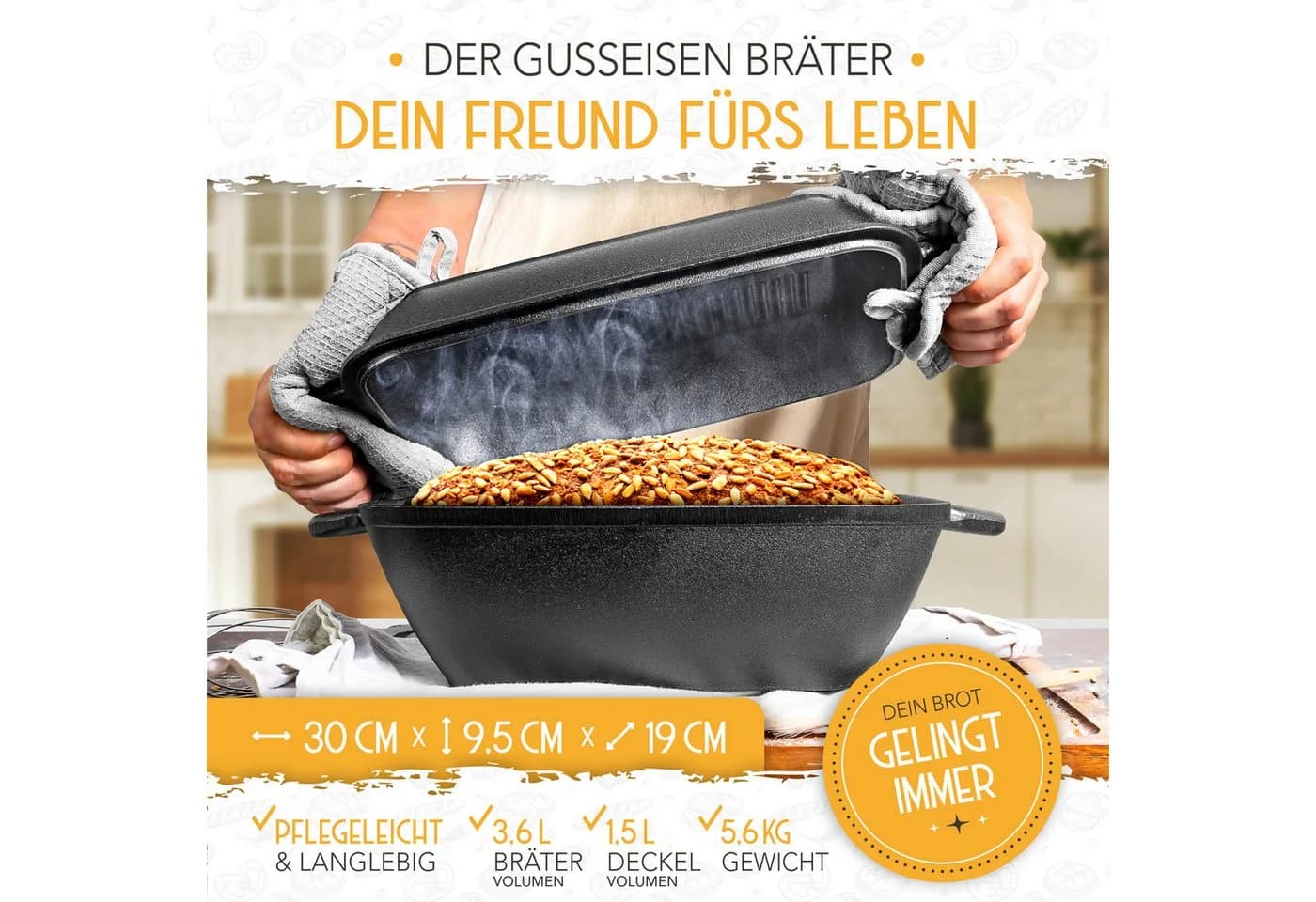 Krustenzauber Brotbackform Gusseisen Topf inkl. Rattan-Gärkorb - Bild 5