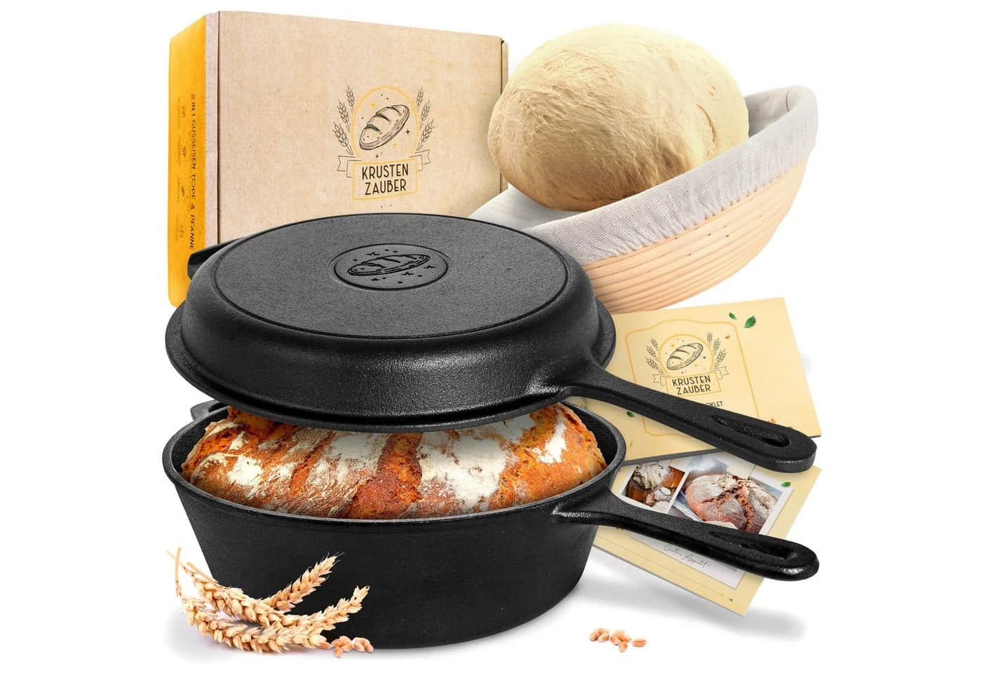Krustenzauber Brotbackform Gusseisen Topf inkl. Rattan-Gärkorb - Bild 2