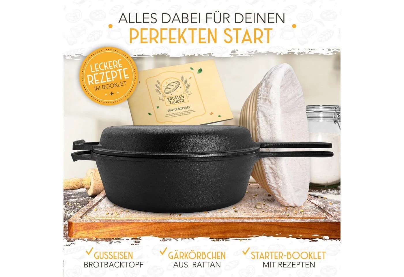 Krustenzauber Brotbackform Gusseisen Topf inkl. Rattan-Gärkorb - Bild 3