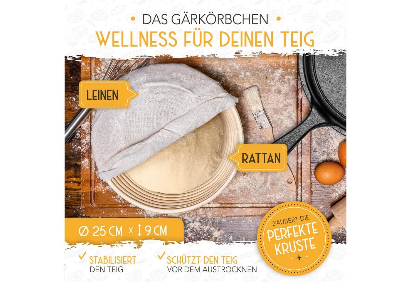 Krustenzauber Brotbackform Gusseisen Topf inkl. Rattan-Gärkorb - Bild 4