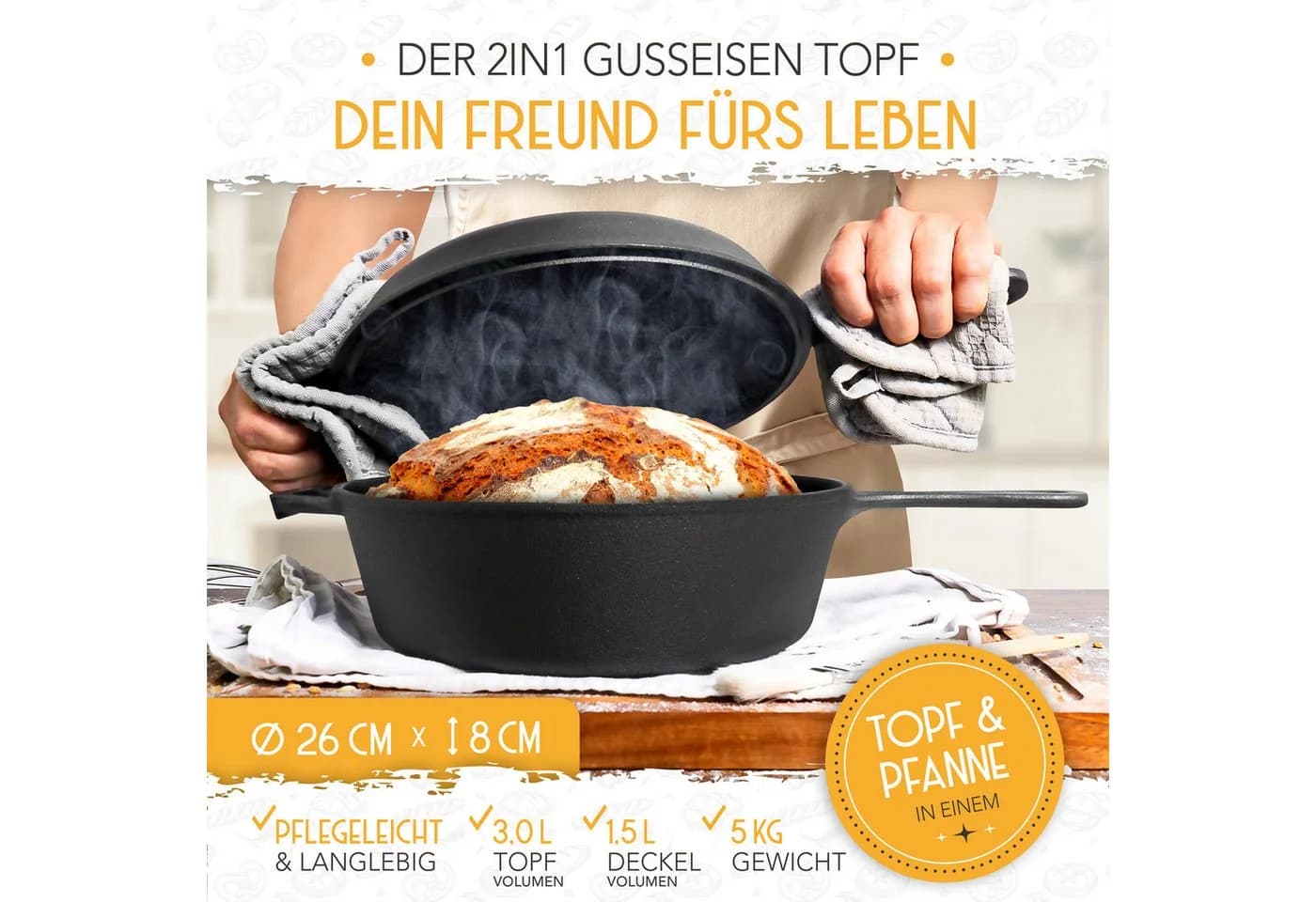 Krustenzauber Brotbackform Gusseisen Topf inkl. Rattan-Gärkorb - Bild 5