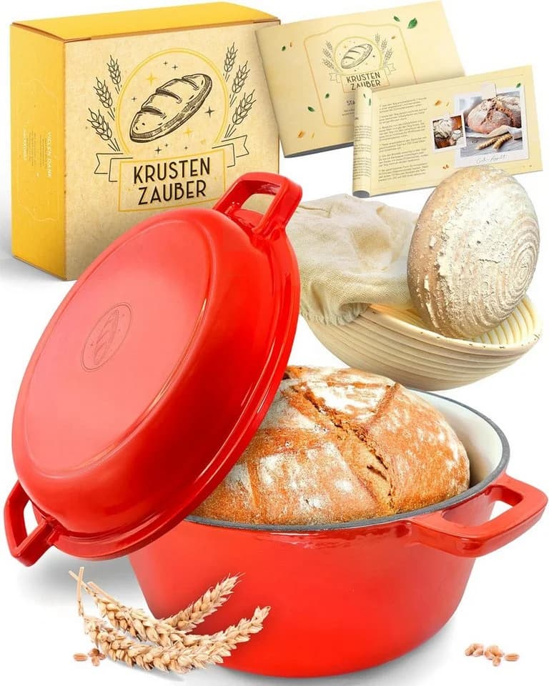 Krustenzauber Brotbackform Gusseisen Topf mit Deckel und Gärkorb - Bild 2