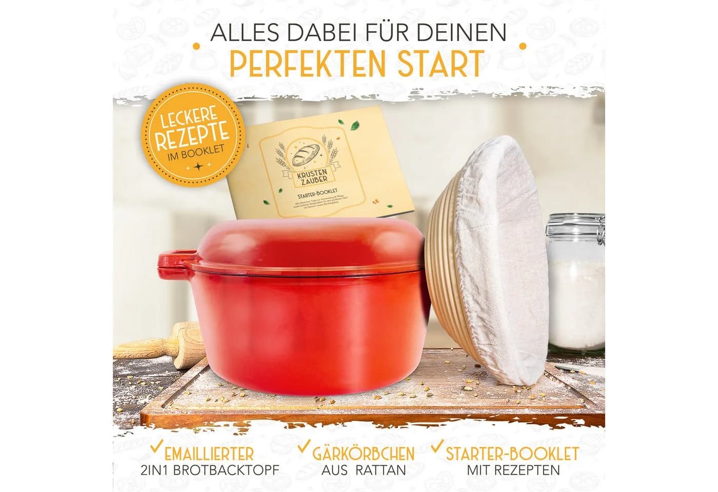 Krustenzauber Brotbackform Gusseisen Topf mit Deckel und Gärkorb - Bild 3