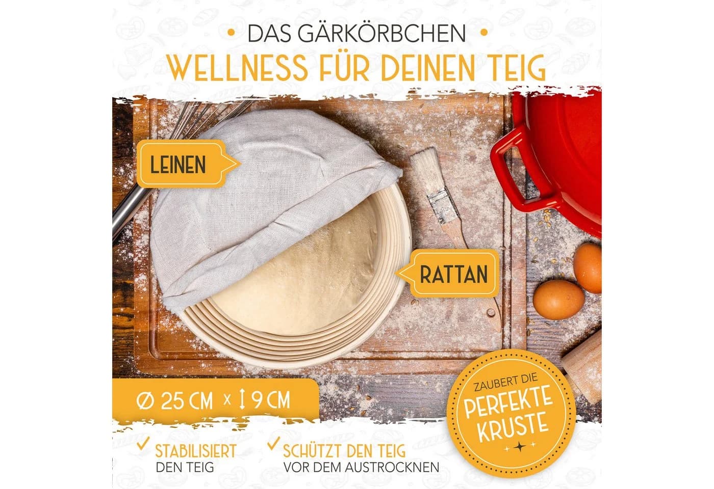 Krustenzauber Brotbackform Gusseisen Topf mit Deckel und Gärkorb - Bild 4