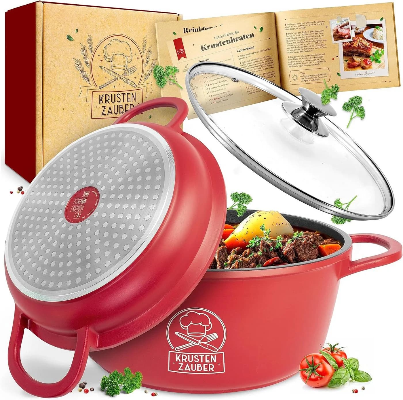 Krustenzauber Bräter Aluguss 28cm mit Glas- & Aludeckel rot - Bild 2