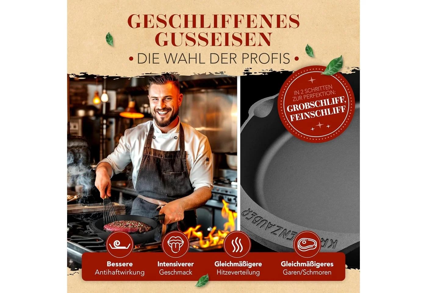 Krustenzauber Bratpfanne Gusseisen 24cm Induktion Fein Geschliffen - Bild 5
