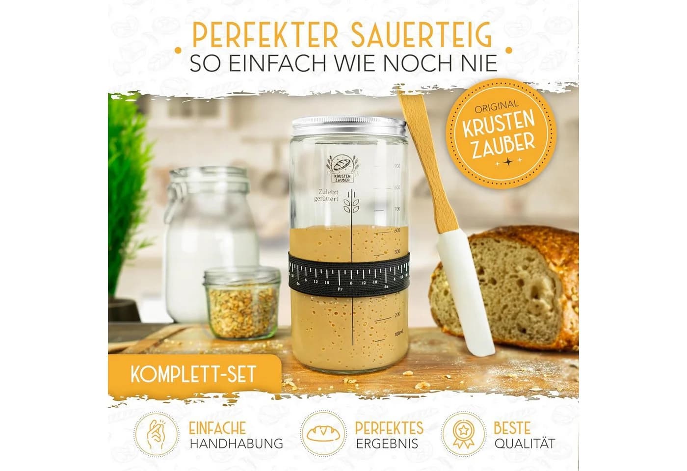 Krustenzauber Sauerteig Starter Set mit Gärglas, Thermometer & Spatel