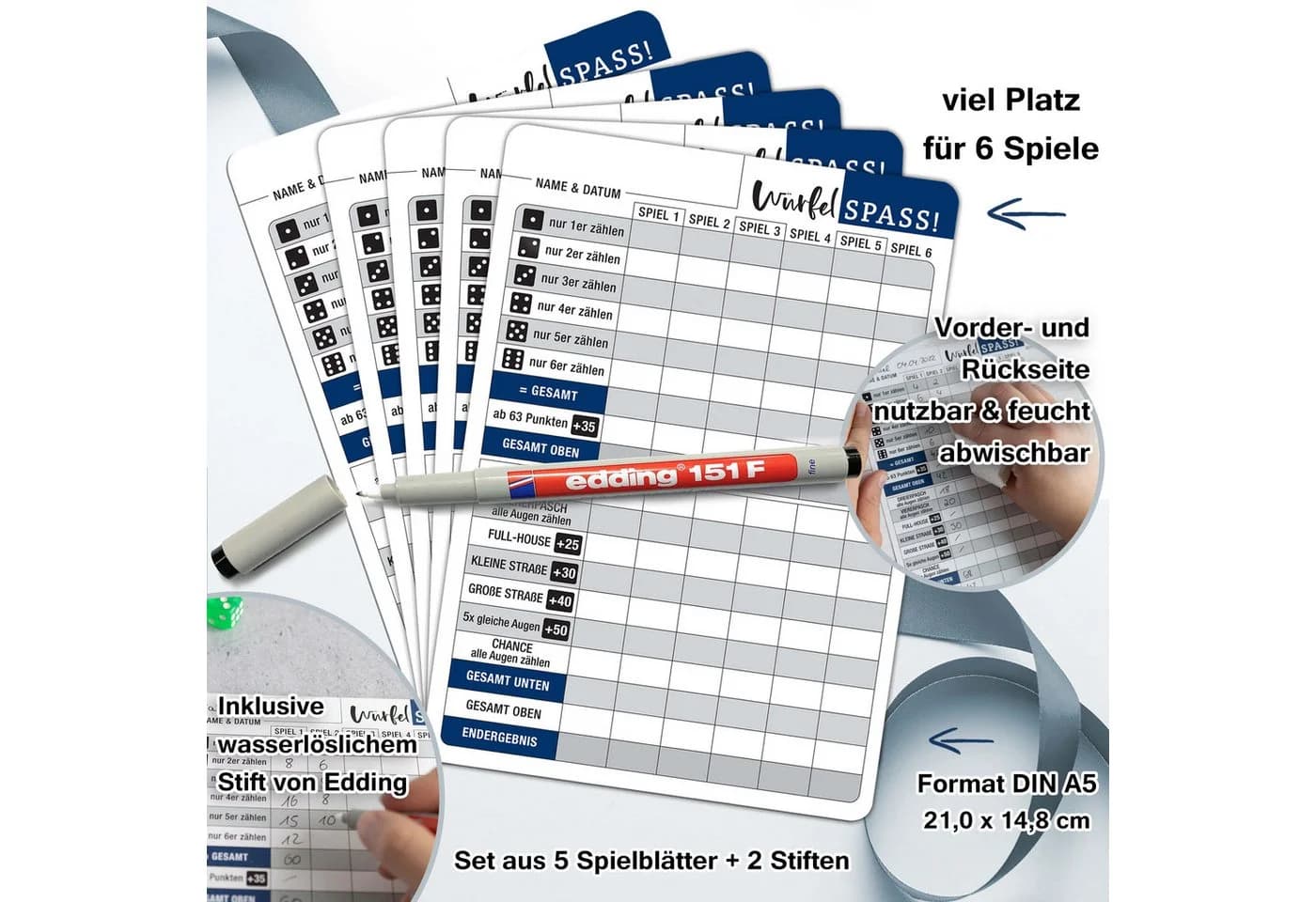 TOBJA Würfelspiel Senior 5x Folie + 2 Stifte A5 Kniffel Yatzy