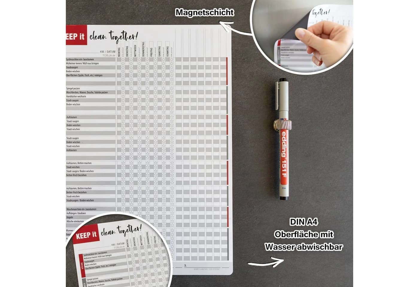 TOBJA Magnettafel Haushaltsplaner Weiß Magnetisch inkl. Edding Stift