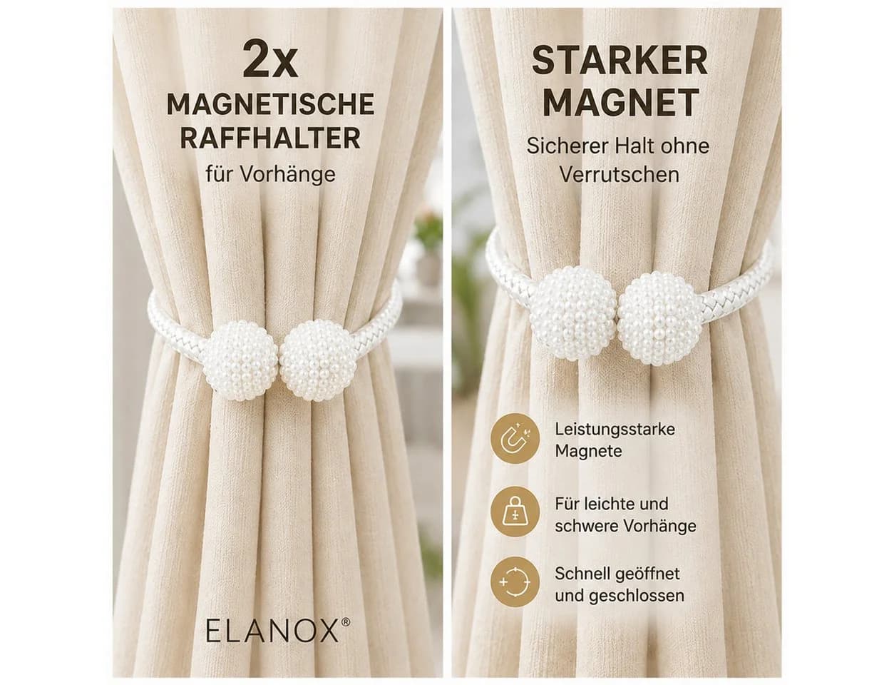 ELANOX Magnetische Raffhalter 2er Set mit Perlen Weiß - Bild 4