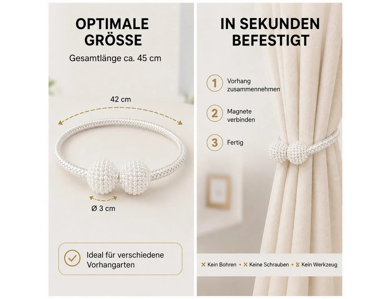 ELANOX Magnetische Raffhalter 2er Set mit Perlen Weiß - Bild 5