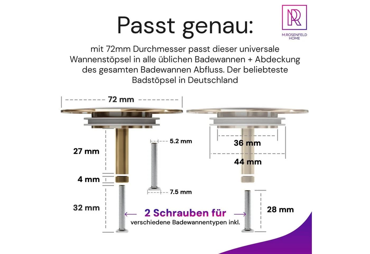 M. Rosenfeld Gold Badewannenstöpsel Ø 72 mm mit Doppel Dichtung