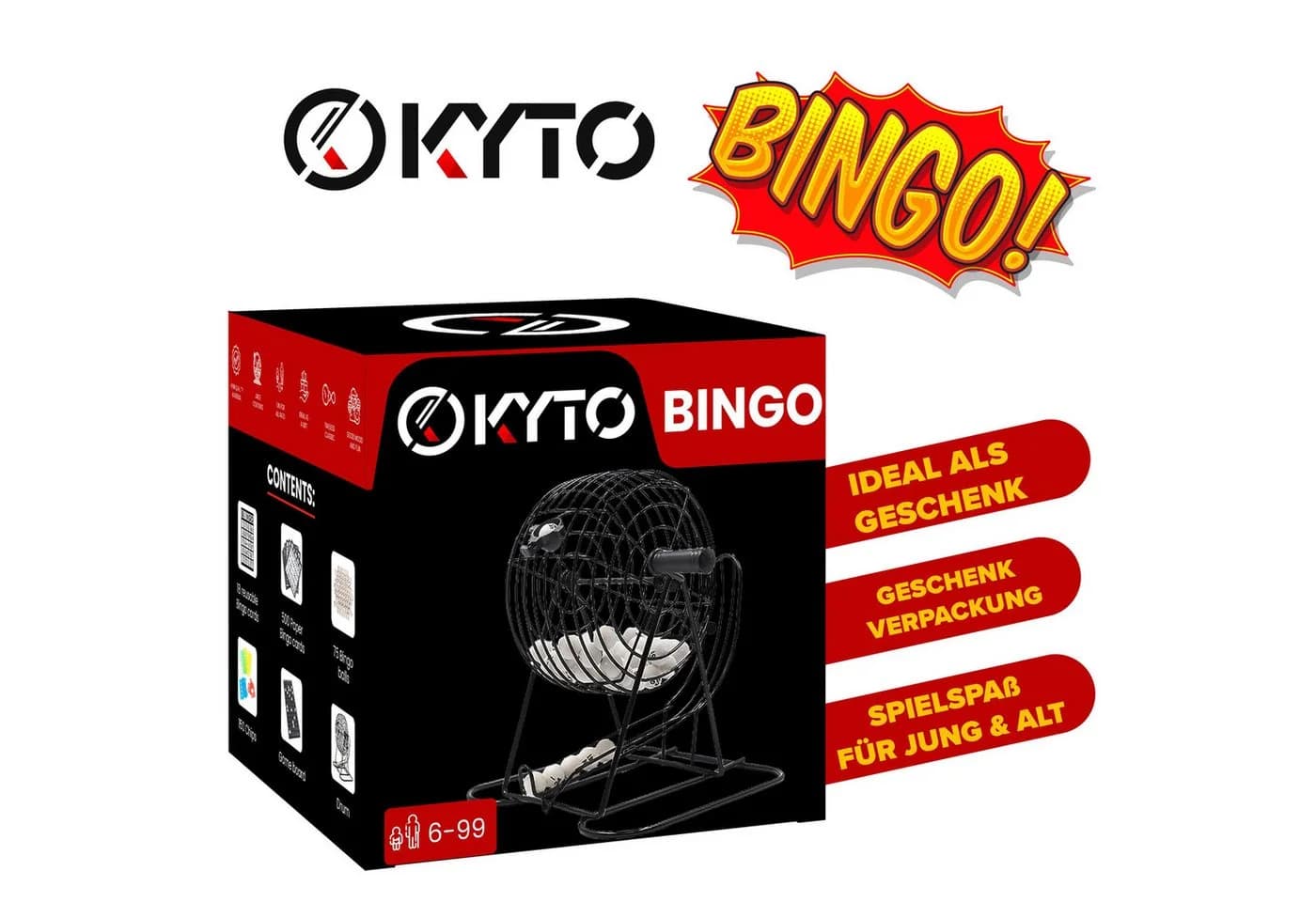 Kyto Bingo Spiel Set mit Trommel, 75 Kugeln, 18 Tickets, 150 Chips & 500 Karten