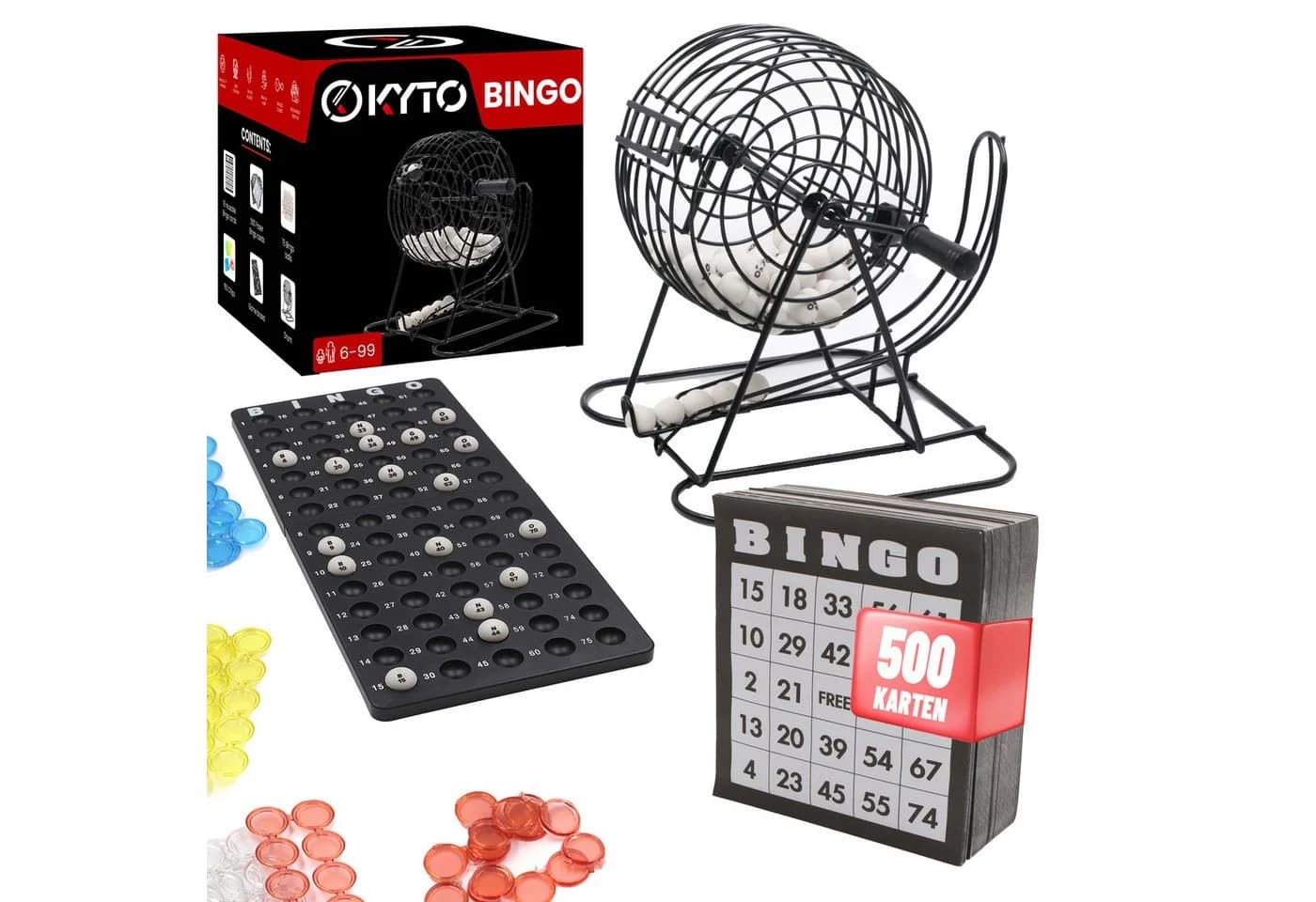 Kyto Bingo Spiel Set mit Trommel, 75 Kugeln, 18 Tickets, 150 Chips & 500 Karten - Bild 2