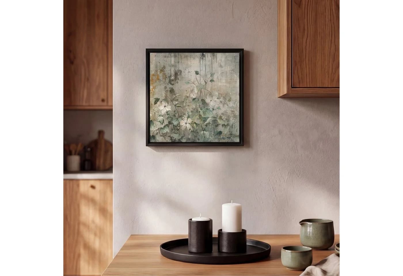 OneMillionCanvasses® Leinwandbild mit Rahmen Blumen Grau Grün Modern