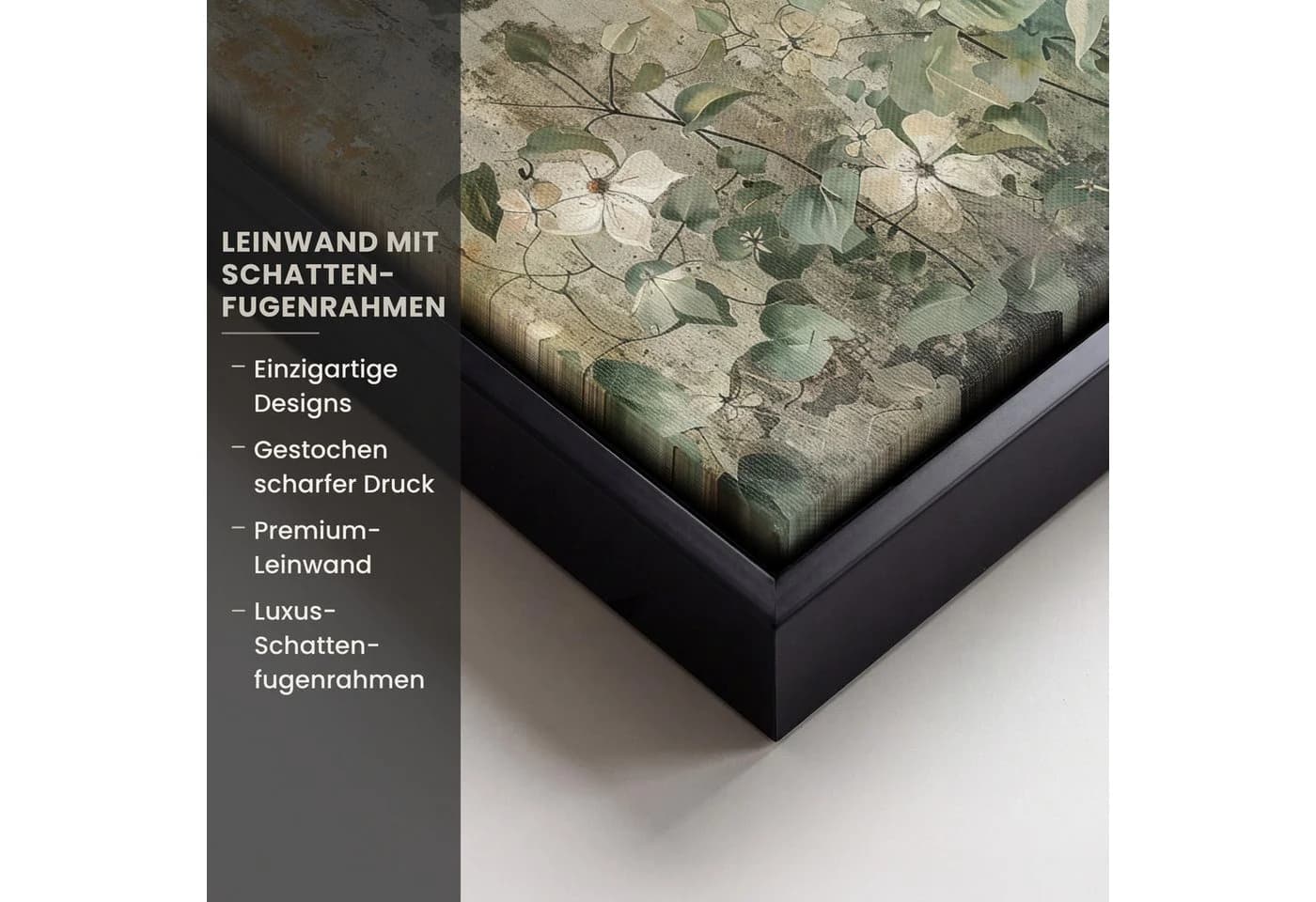 OneMillionCanvasses® Leinwandbild mit Rahmen Blumen Grau Grün Modern - Bild 3