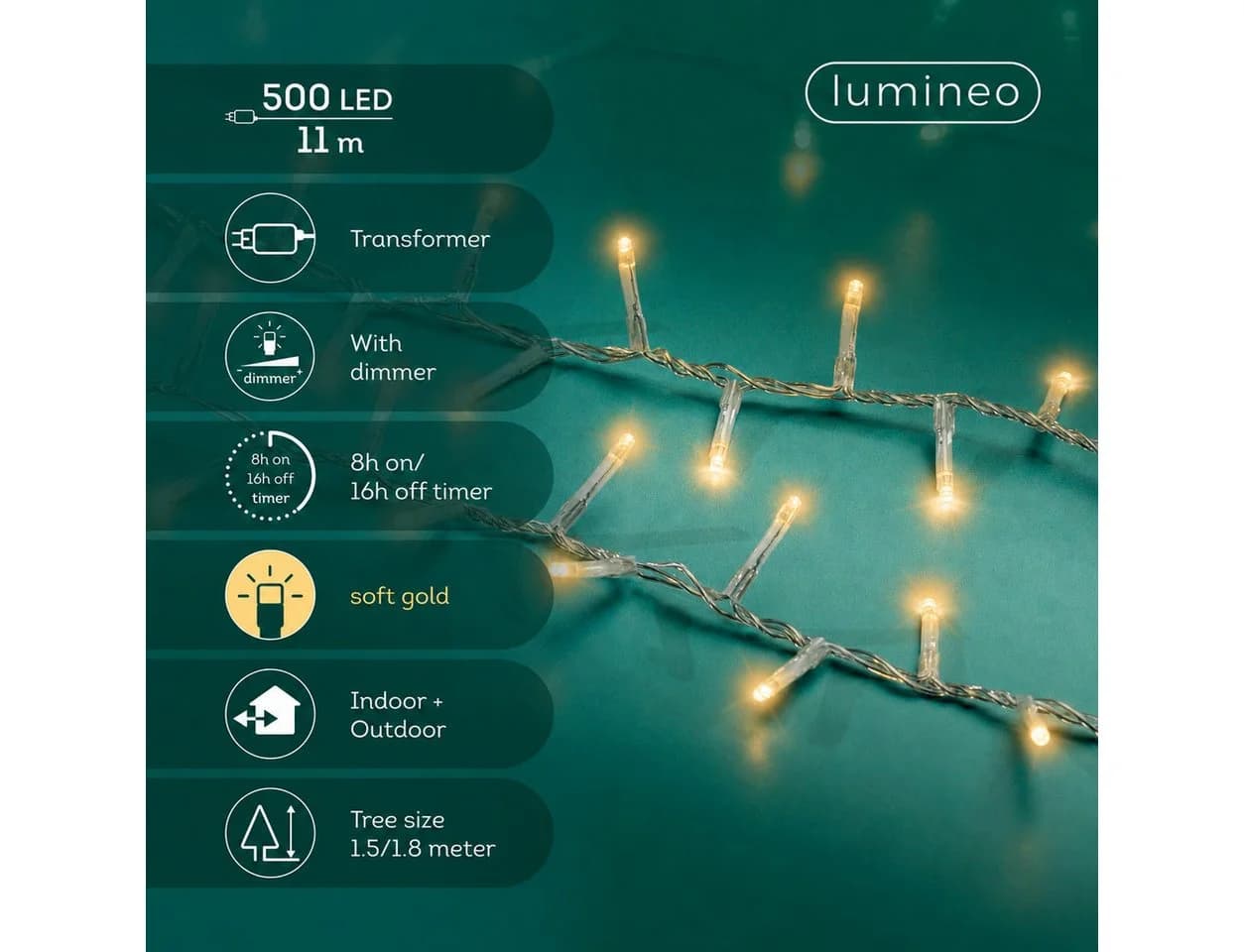 Lumineo LED-Lichterkette COMPACT 500 LED 11 m Soft Gold Dimmbar Timer