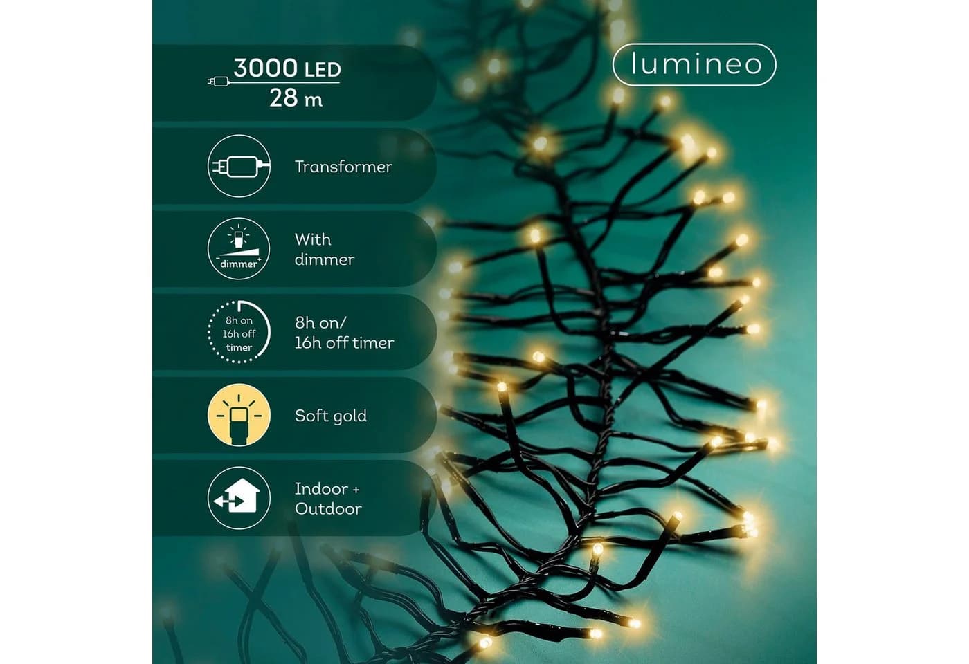 Lumineo LED-Lichterkette Cluster 3.000 LED 28 m Soft Gold, dimmbar, 8h-Timer