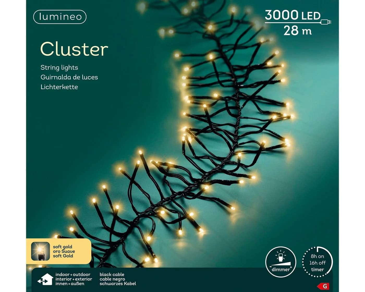 Lumineo LED-Lichterkette Cluster 3.000 LED 28 m Soft Gold, dimmbar, 8h-Timer - Bild 2