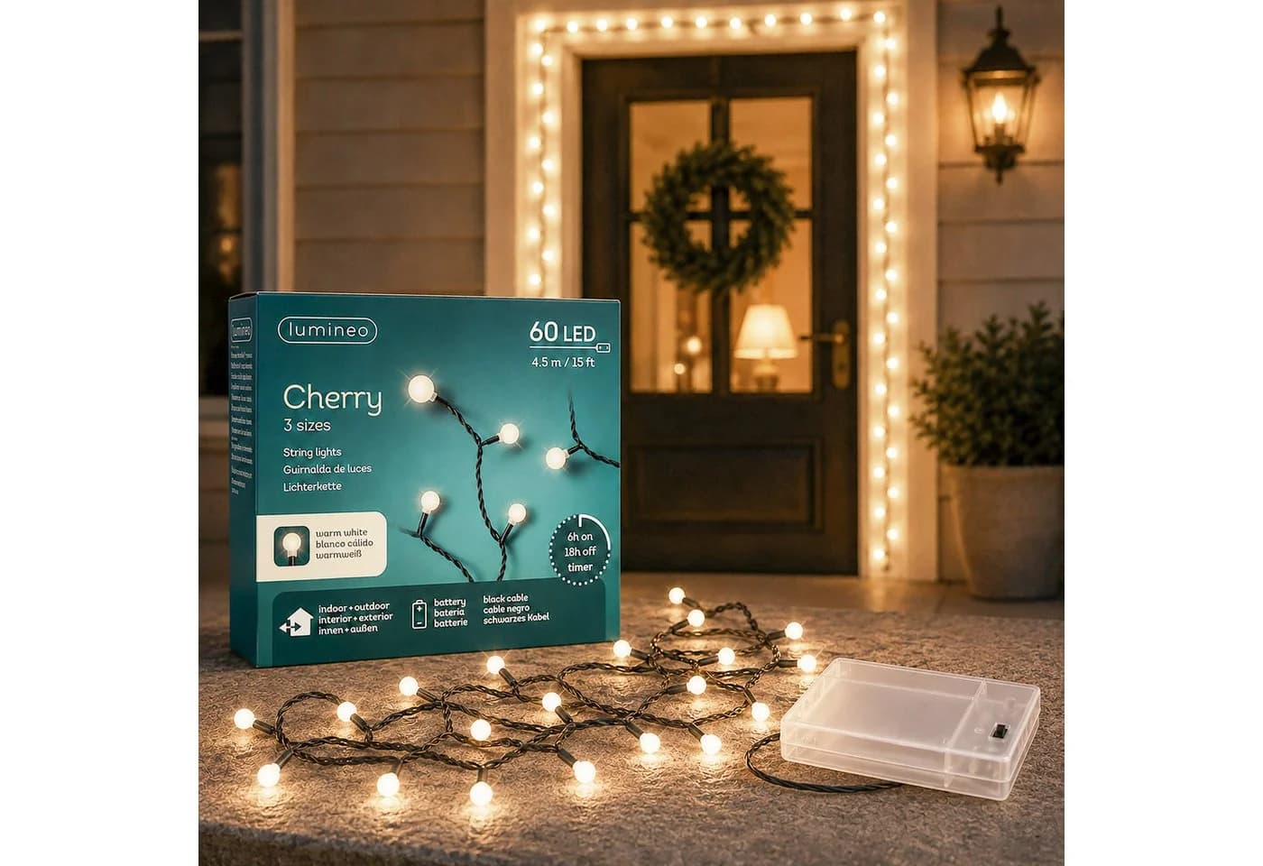 Lumineo LED-Lichterkette Cherry 4,5m 60 LEDs Warmweiß Schwarz Batterie