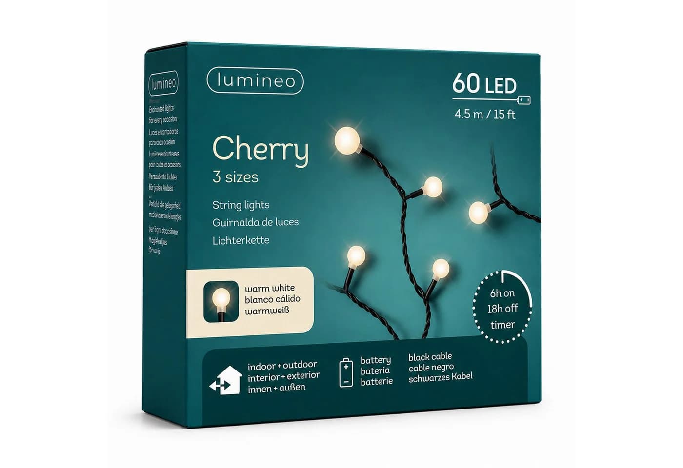 Lumineo LED-Lichterkette Cherry 4,5m 60 LEDs Warmweiß Schwarz Batterie - Bild 2
