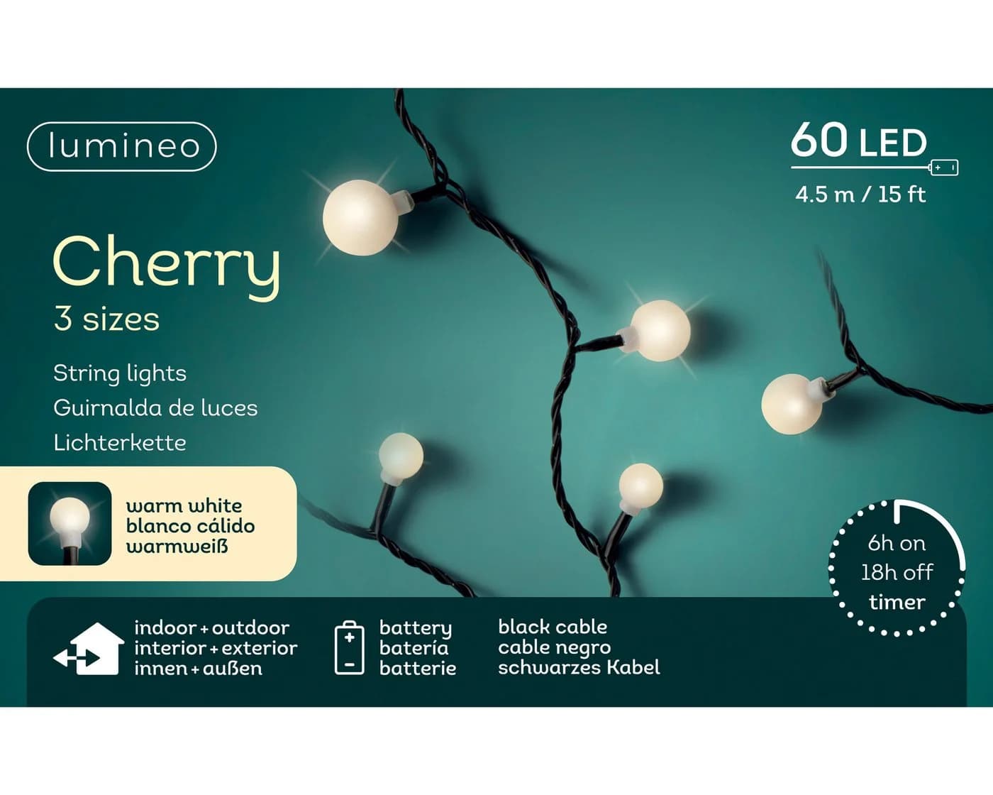 Lumineo LED-Lichterkette Cherry 4,5m 60 LEDs Warmweiß Schwarz Batterie - Bild 5