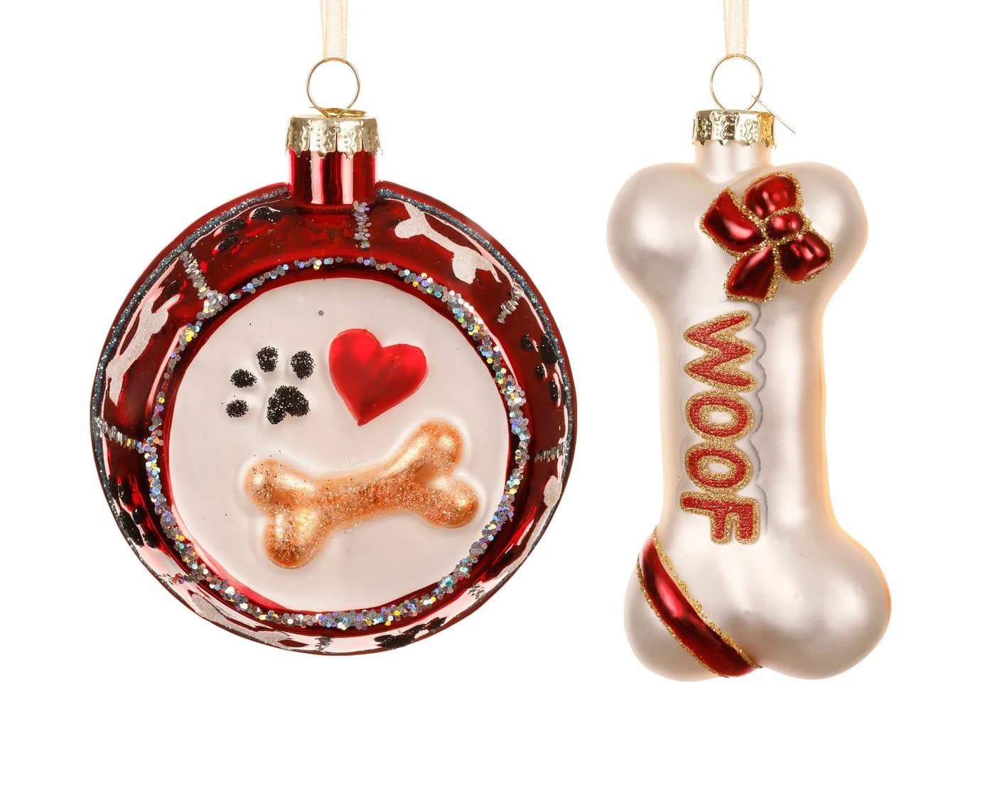 Kaemingk Christbaumschmuck Glas 11cm Hunde Napf & Knochen Figuren 2er Set Rot