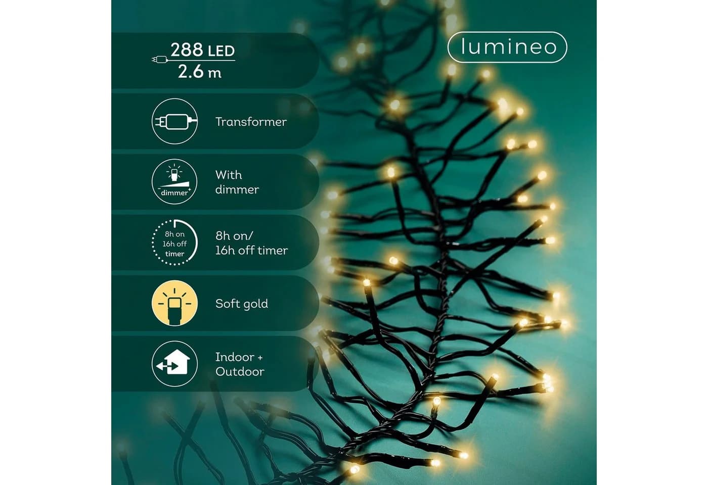 Lumineo LED-Lichterkette CLUSTER 288 LED 2,6 m Soft Gold, 5 m Zuleitung
