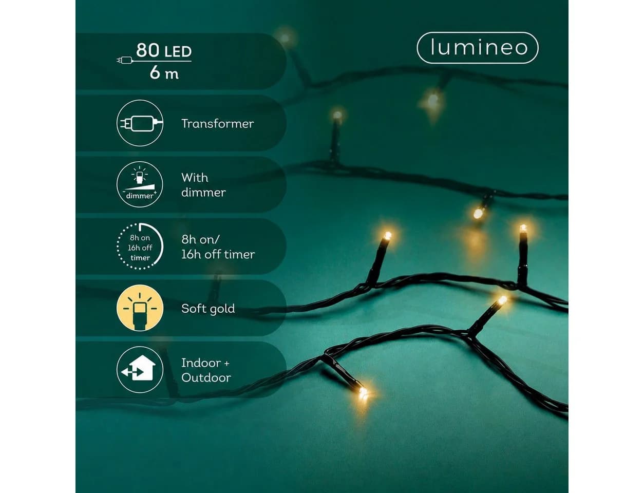 Lumineo LED-Lichterkette BASIC 80 LED 6 m Soft Gold, dimmbar, 8h-Timer, 5 m Zuleitung