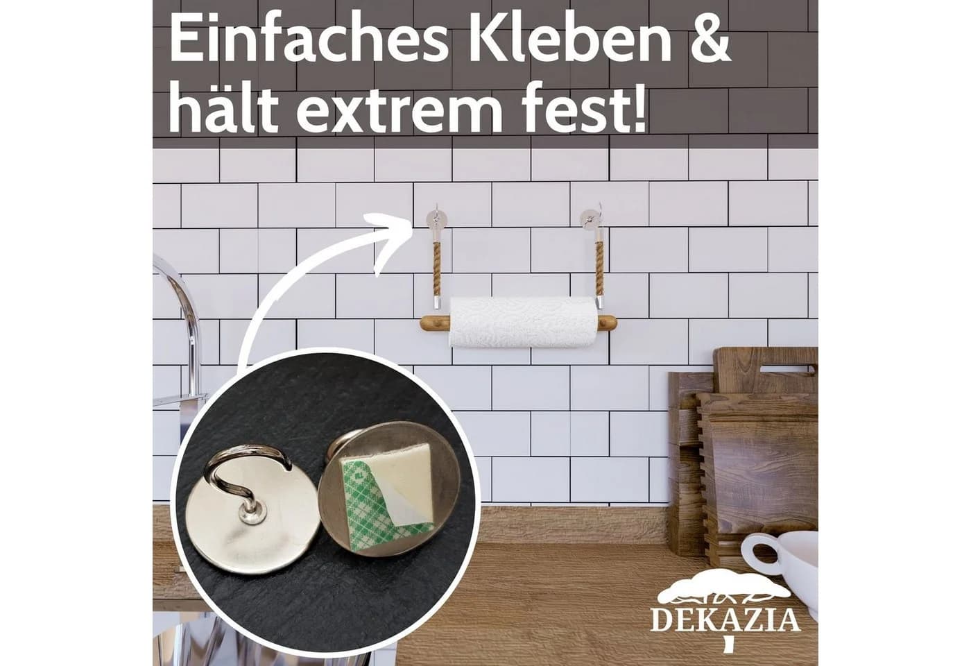 DEKAZIA Küchenrollenhalter ohne Bohren Holz Wandhalter Schwarz Braun - Bild 3