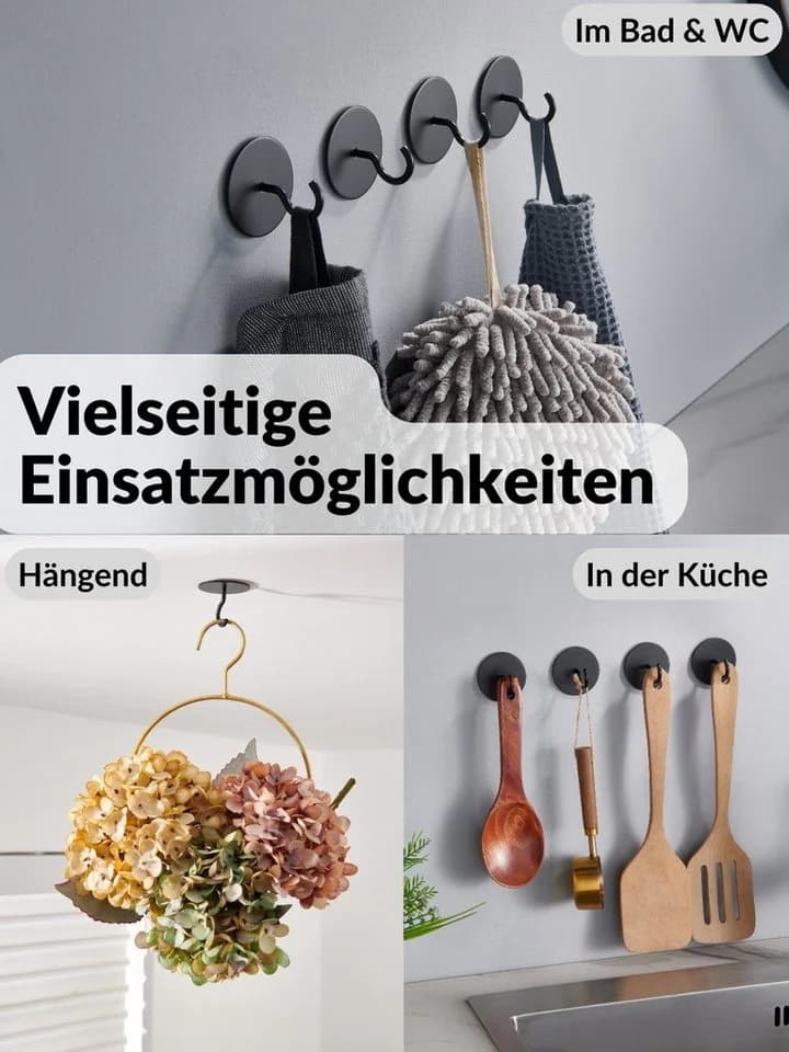 DEKAZIA Klebehaken selbstklebend 4er Set Edelstahl Schwarz/Weiß Matt - Bild 4