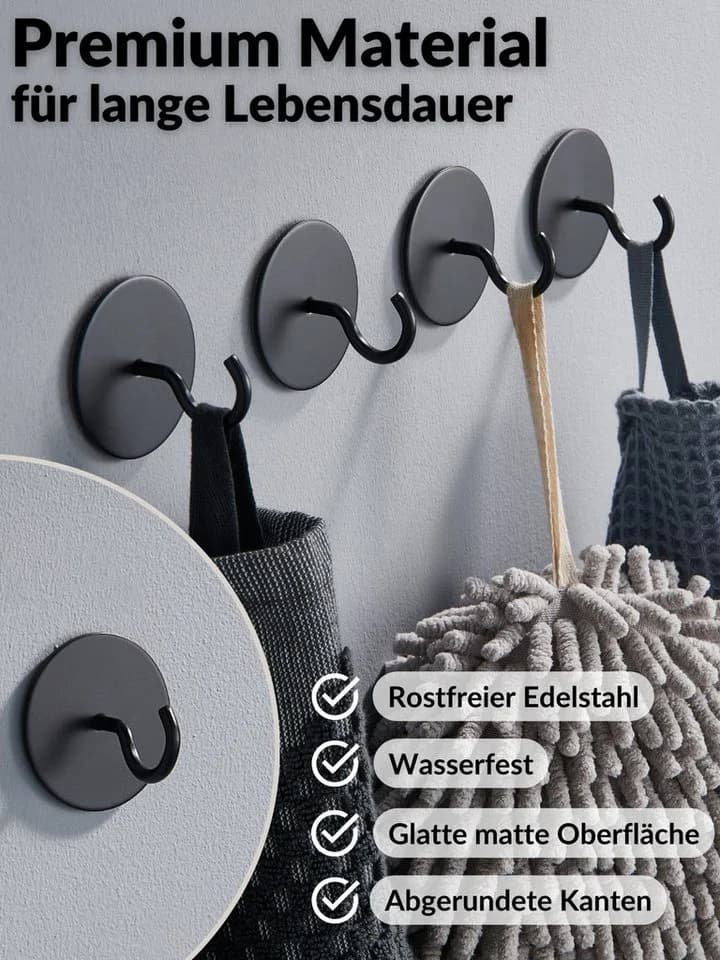 DEKAZIA Klebehaken selbstklebend 4er Set Edelstahl Schwarz/Weiß Matt - Bild 5