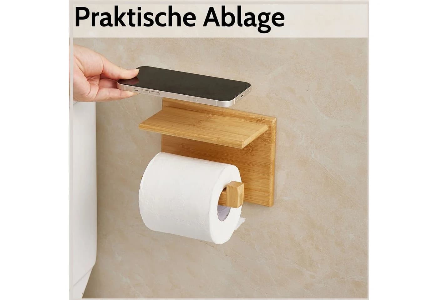 DEKAZIA Toilettenpapierhalter ohne Bohren Holz mit Ablage - Bild 3