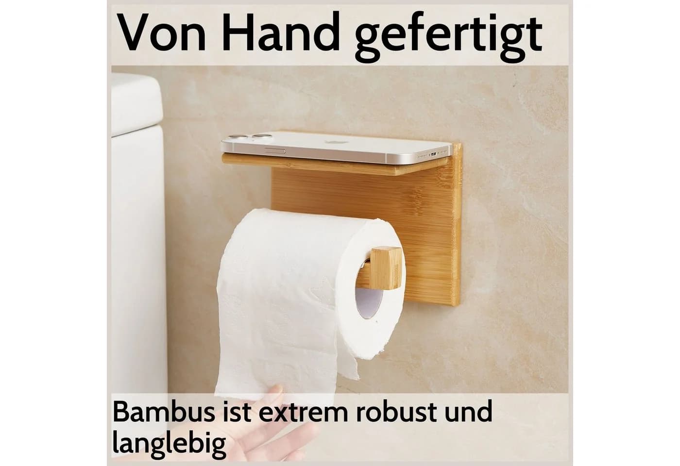 DEKAZIA Toilettenpapierhalter ohne Bohren Holz mit Ablage - Bild 5