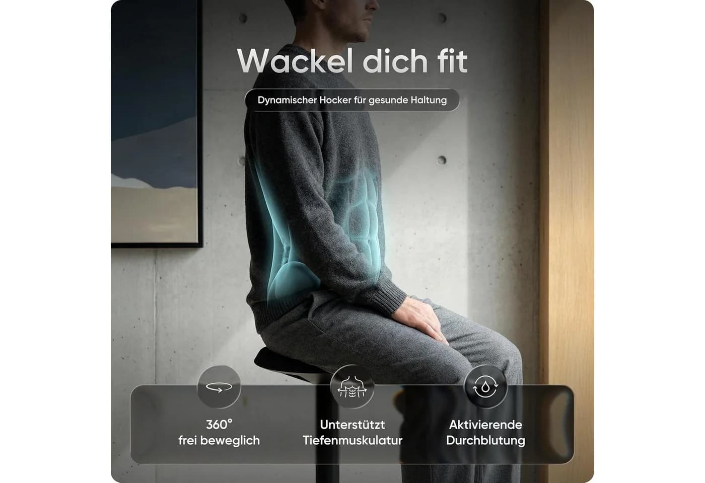 DESKSPACE Drehhocker Motion Ergonomischer Stehhocker Höhenverstellbar Schwarz - Bild 4