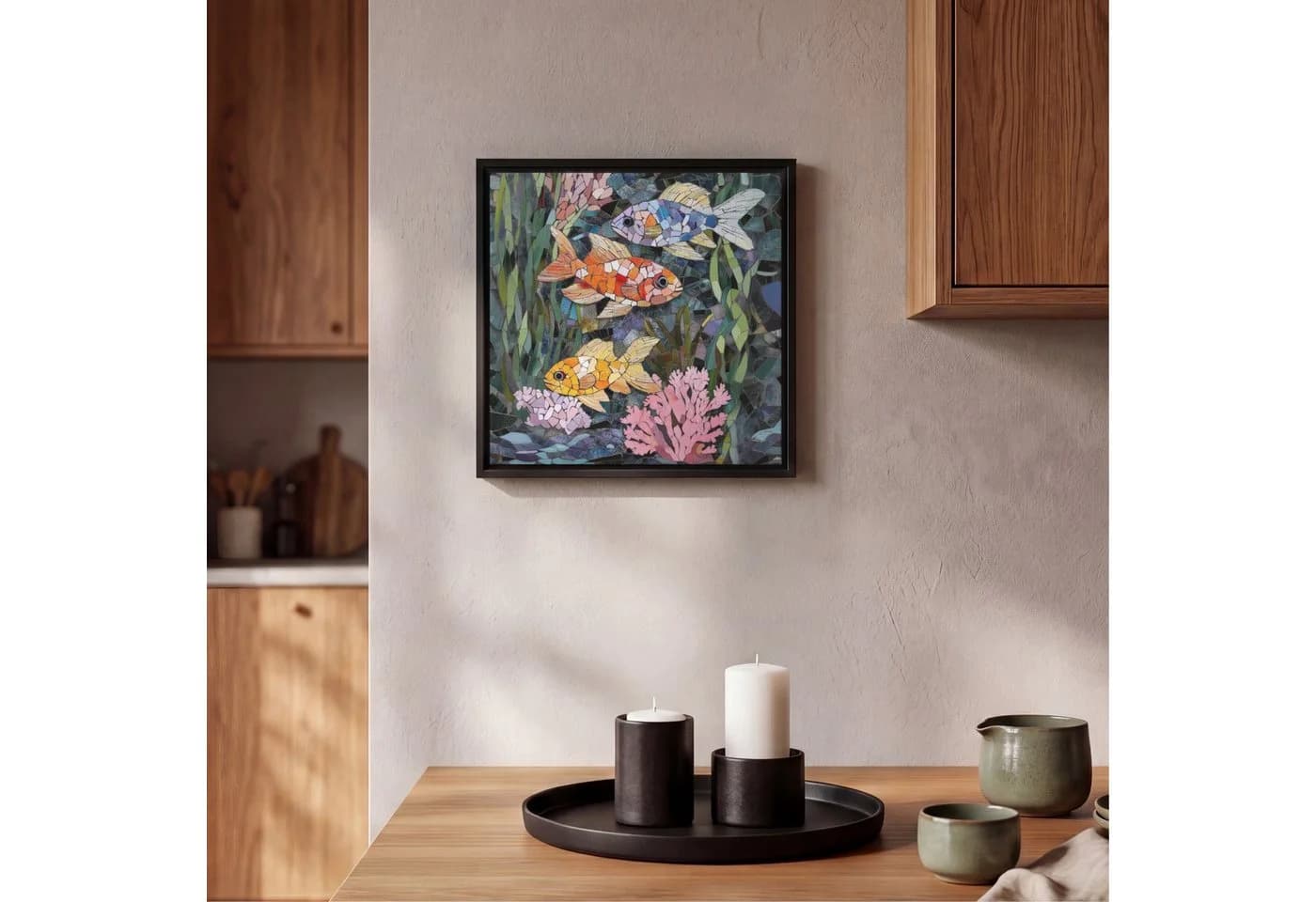 OneMillionCanvasses® Leinwandbild Fisch Koralle Mosaik mit Schattenfugenrahmen