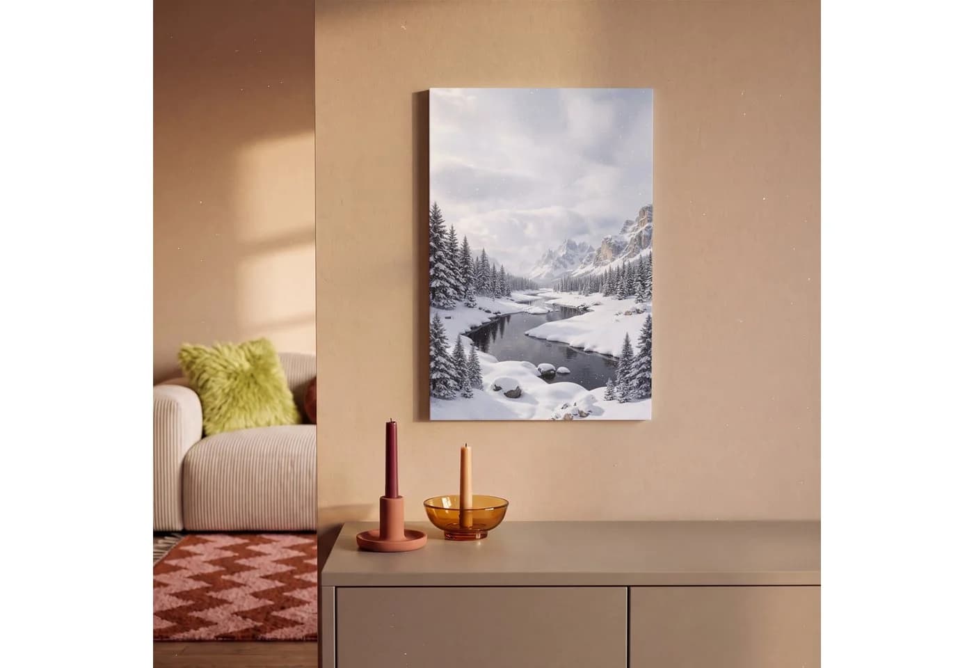 OneMillionCanvasses® Leinwandbild Winterlandschaft Berge Fluss 20x30 cm