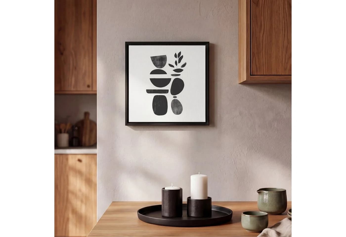 OneMillionCanvasses® Leinwandbild Schwarz Abstrakt Japandi mit Rahmen