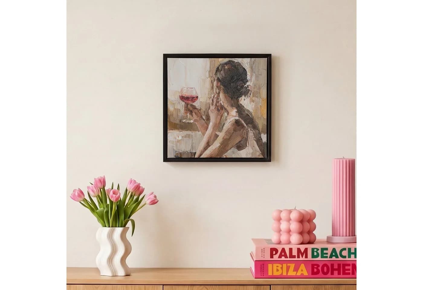 OneMillionCanvasses® Leinwandbild Frau Wein Beige Schattenfugenrahmen - Bild 4