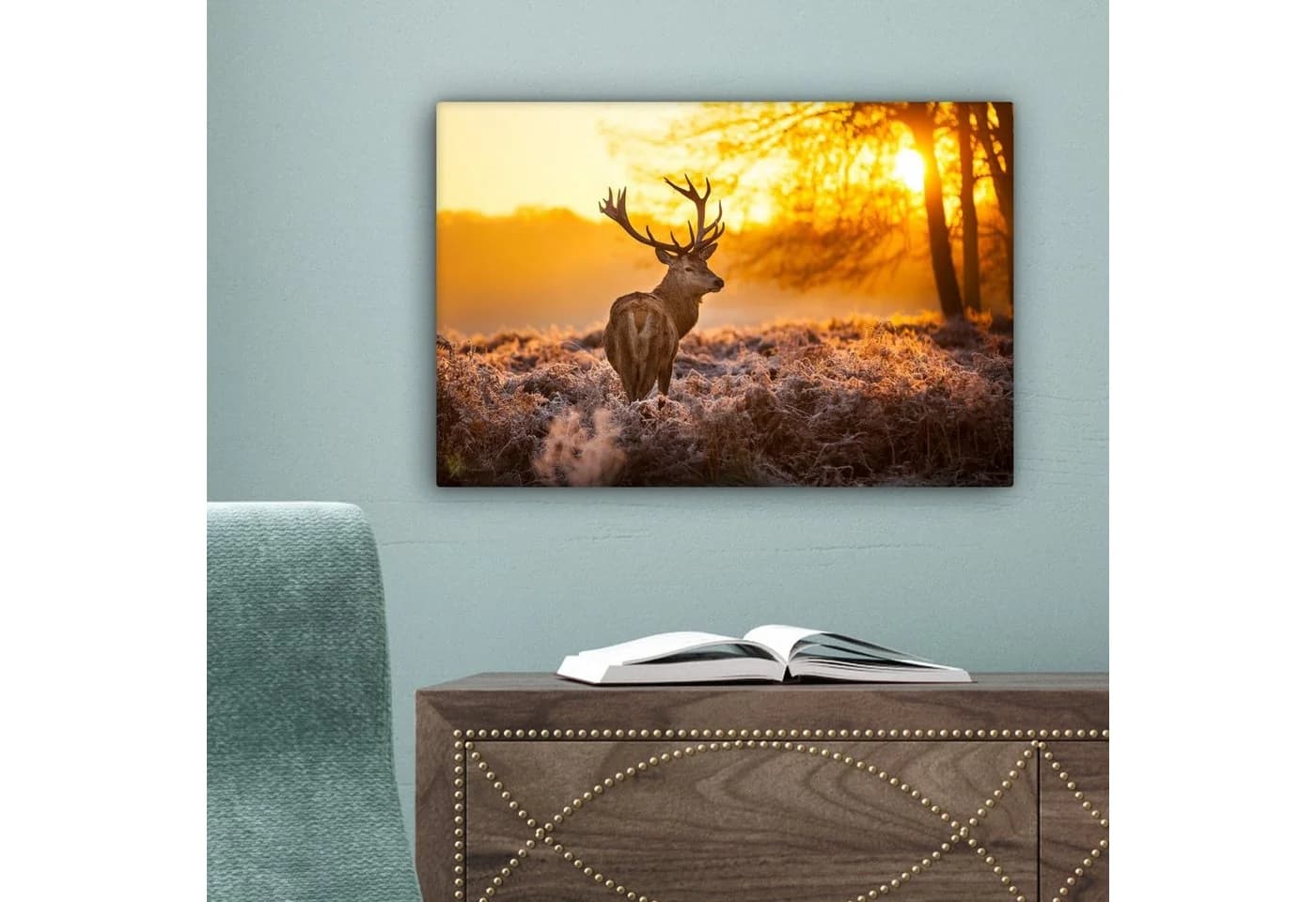 OneMillionCanvasses® Leinwandbild Hirsche - Tiere - Sonnenuntergang - Winter - Heidekraut - Natur, Fotodruck - Bild 5