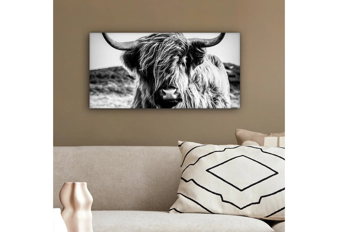 OneMillionCanvasses® Leinwandbild Panorama Schottischer Highlander - Natur - Kuh - Schwarz - Weiß - Bild 4