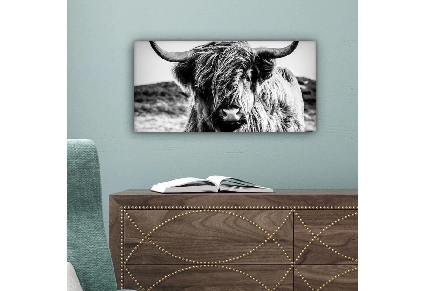 OneMillionCanvasses® Leinwandbild Panorama Schottischer Highlander - Natur - Kuh - Schwarz - Weiß - Bild 5