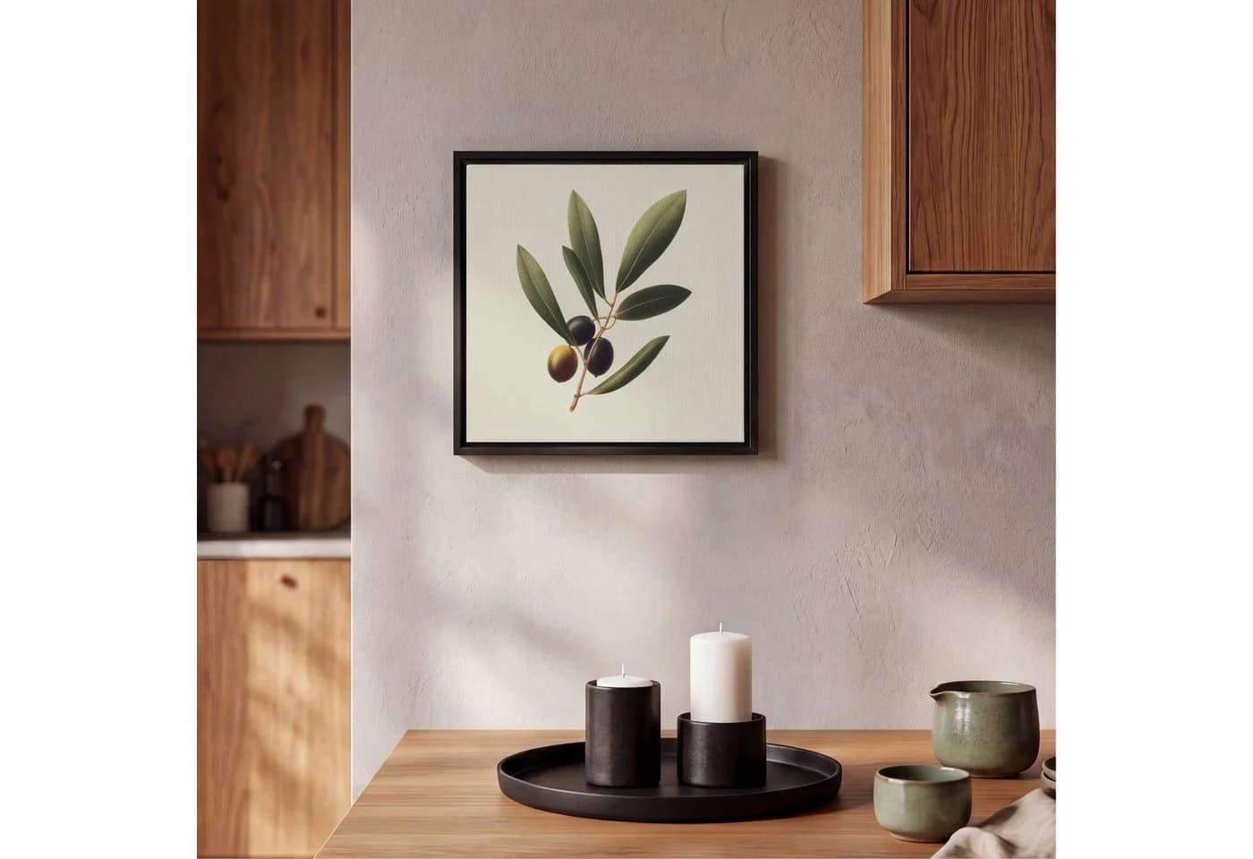 OneMillionCanvasses® Leinwandbild Olivenzweig Dunkelgrün mit Schattenfugenrahmen