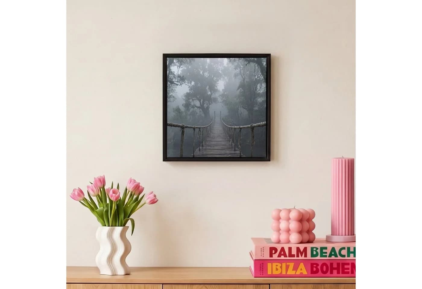 OneMillionCanvasses Leinwandbild mit Rahmen - Brücke Dschungel Nebel Natur - Bild 4