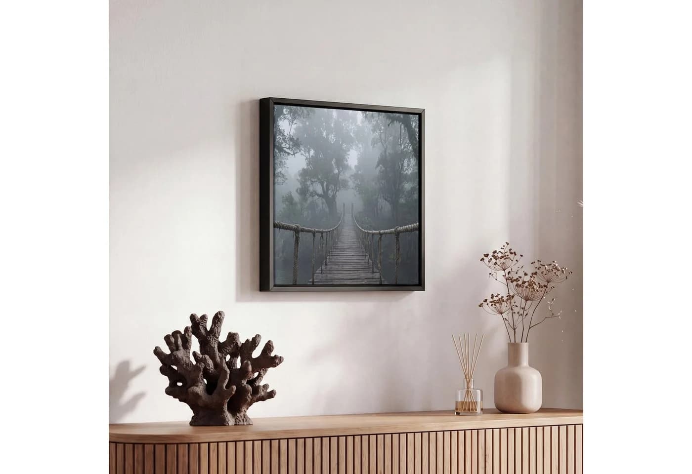 OneMillionCanvasses Leinwandbild mit Rahmen - Brücke Dschungel Nebel Natur - Bild 5