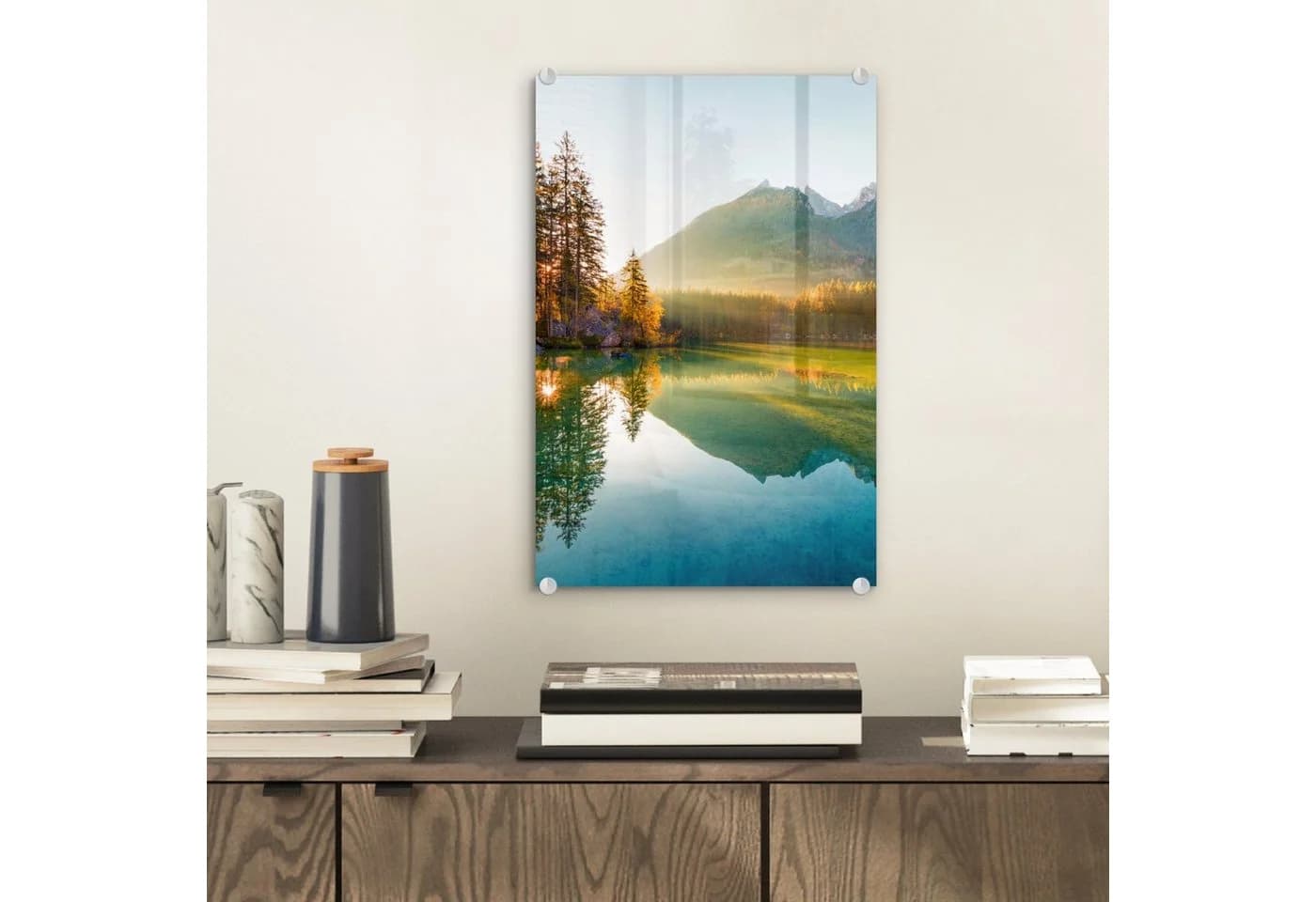 MuchoWow Acrylglasbild Landschaft mit See und Bergen