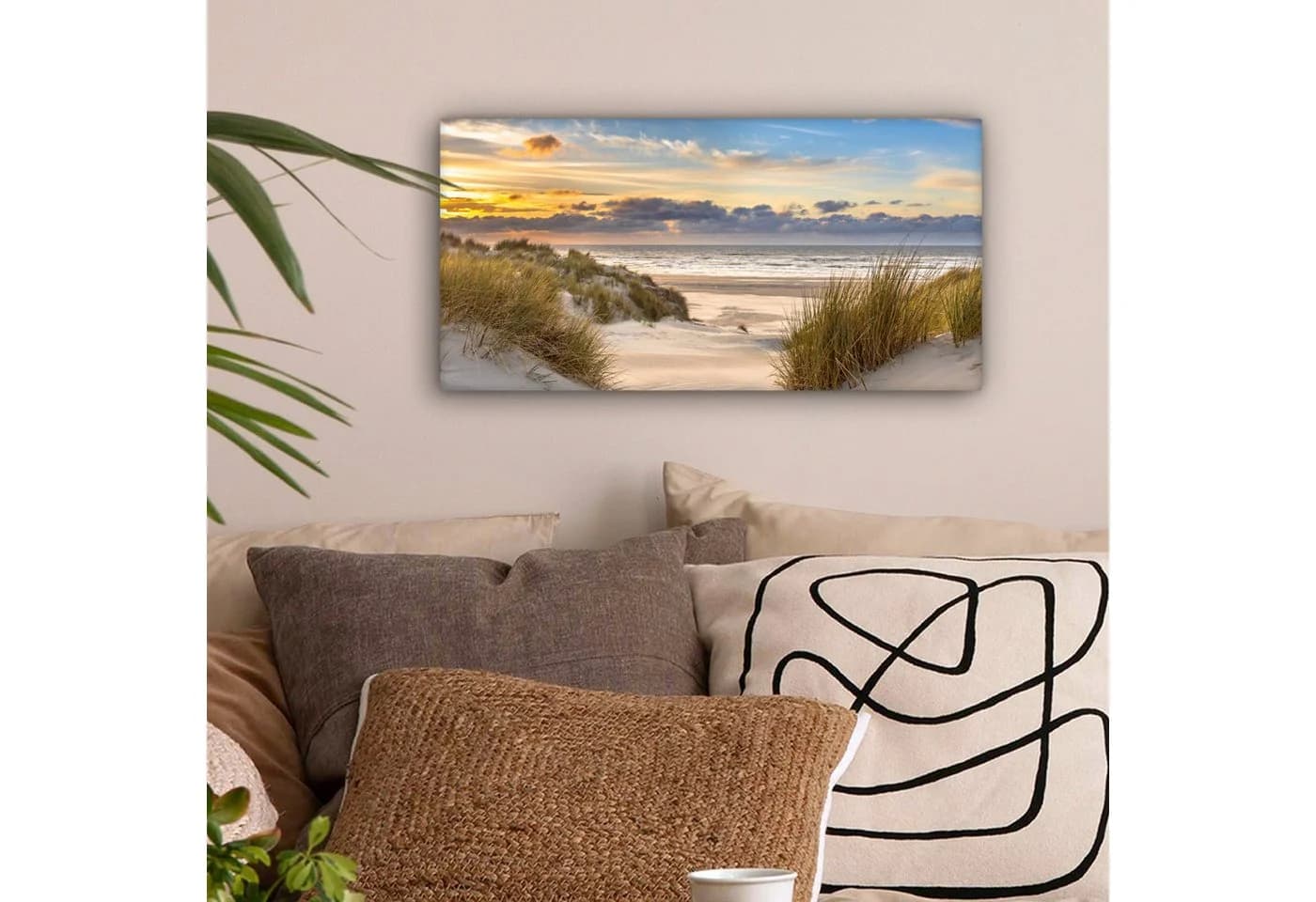 OneMillionCanvasses® Leinwandbild Panorama Strand - Düne - Gras - Sonnenuntergang - Meer